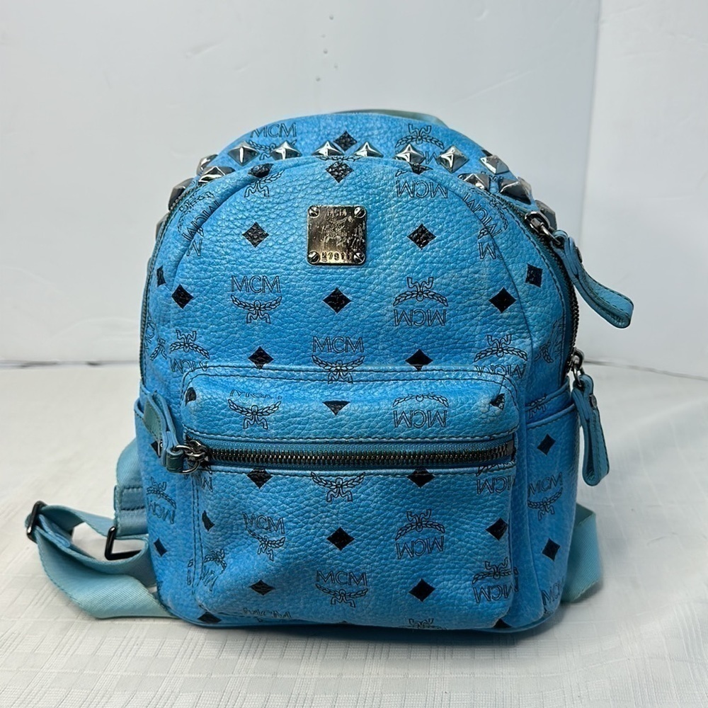 MCM Womens Backpack Blue leather  Visetos Logo Studded  w/COA